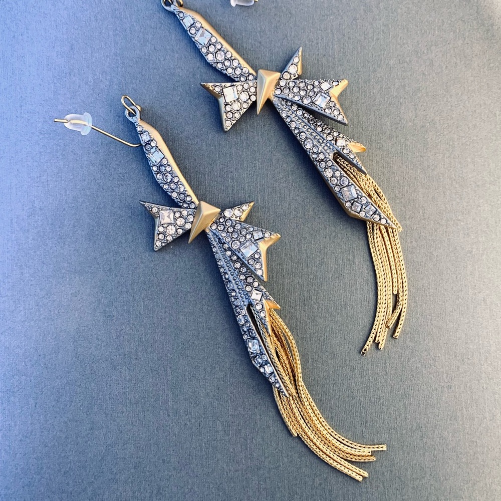 ALEXIS BITTAR • Origami Crystal Bow Fringe Drop Matte Silver Statement Earrings - Picture 9 of 13